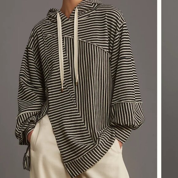 New Anthropologie Pilcro Patchwork Hooded Sweatshirt Black & White Striped NWT - Picture 1 of 6